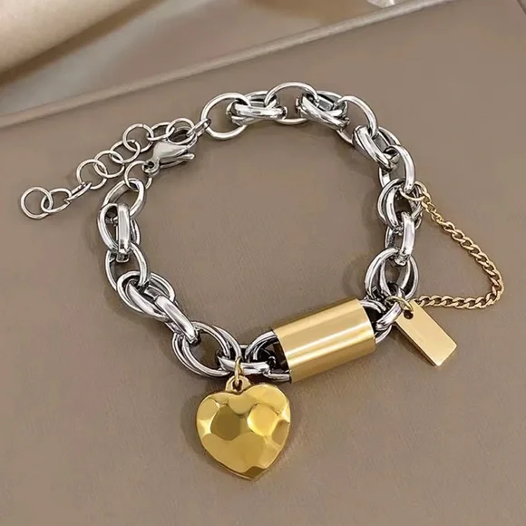 New! Zara Stainless steel mixcolor Silver and Gold heart Chain Bracelet - Picture 2 of 4